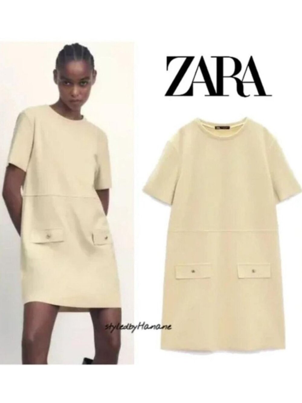 Zara Pale Cream Yellow Faux Suede Mini Shift Dress Flap Gold Buttons S